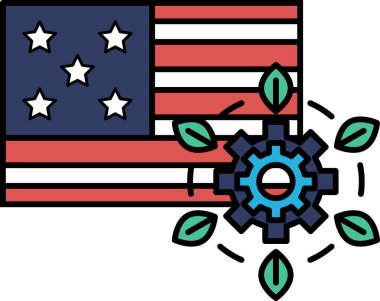 Ortasında teçhizat olan Amerikan bayrağının grafiği. Bayrak kırmızı, beyaz, mavi ve yıldızlı. Dişli yeşil ve dairesel bir şekli var. İlerleme ve yenilik kavramı