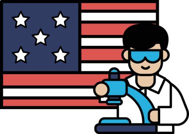 Laboratuvar önlüklü bir adam bir mikroskop tutuyor ve Amerikan bayrağına bakıyor. Bilimsel keşif ve keşif kavramı, aynı zamanda vatanseverlik ve gurur.