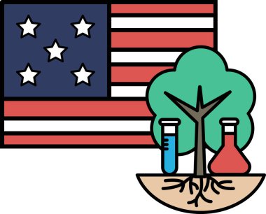 Bir bayrağın yanında yerden bir ağaç yükseliyor. Bayrak kırmızı, beyaz ve mavi.