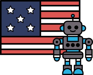 Amerikan bayrağının önünde bir robot duruyor. Robot gülümsüyor ve mutlu.