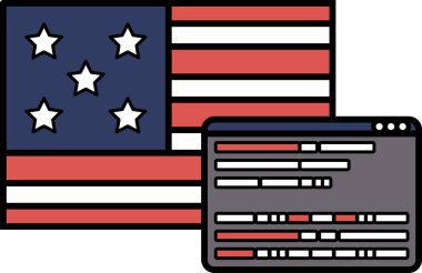 Bir bilgisayar ekranının yanında yıldız ve çizgili bir bayrak gösterilir. Bayrak kırmızı, beyaz ve mavi ve beş yıldızlı.