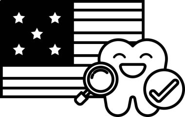 Bir diş gülümsüyor ve yıldızlı bir bayrağa bakıyor. Bayrak arka planda, diş ön planda.