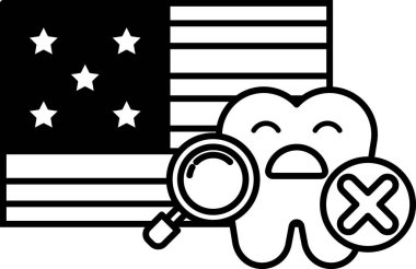 Arka planda büyüteç ve Amerikan bayrağı olan bir diş gösteriliyor. Dişin bir dişi eksik ve büyüteç onu incelemek için kullanılıyor. Diş sağlığı kavramı