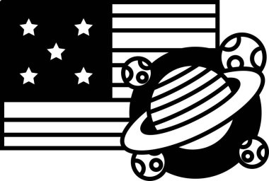 Yıldızlı bir bayrak ve merkezinde bir gezegen olan siyah beyaz bir görüntü. Bayrak Amerika Birleşik Devletleri 'dir.