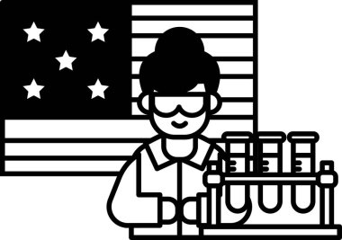 Laboratuvar önlüklü bir adam arkasında bayrak olan bir deney şişesi tutuyor. Bayrak Amerikan bayrağıdır.