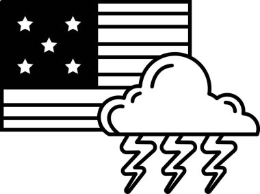 Arkasında beş yıldız olan bir bulutun siyah beyaz çizimi. Çizim, arka planda bir bayrak olan fırtınalı bir gökyüzü.