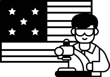 Bir adam Amerikan bayrağının önünde uzaktan kumandayı tutuyor. Adam bir gözlük ve siyah bir gömlek giyiyor. Ülkenizde vatanseverlik ve gurur kavramı