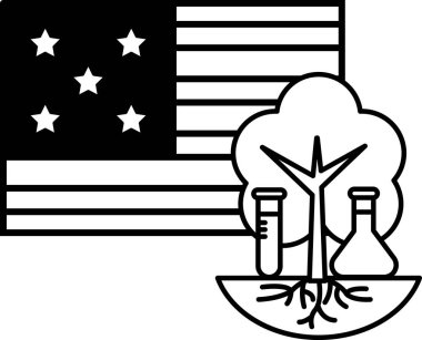 Arkasında bayrak olan bir ağacın siyah beyaz görüntüsü. Bayrağın yıldızları ve çizgileri var. Ağaç deney tüpleri ve deney tüpleri de dahil olmak üzere bilimsel ekipmanlarla çevrili.