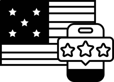 Amerikan bayrağının telefon ve üç yıldızlı siyah beyaz görüntüsü. Telefon görüntünün ortasına yerleştirilmiş, etrafında yıldızlar var.