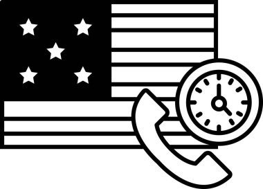 Sağ tarafında saat olan bir telefonun siyah-beyaz görüntüsü. Telefon yıldızlı bir bayrağın üzerinde.