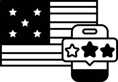 Yıldızlı ve çizgili Amerikan bayrağının siyah beyaz görüntüsü. Bir telefon, yıldız derecesi ve onay ile gösterilir