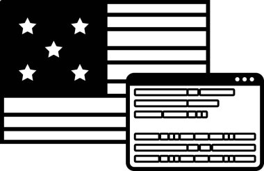 Altında bilgisayar ekranı olan Amerikan bayrağının siyah beyaz görüntüsü. Bilgisayar ekranında bir ileti veya kod gösteriliyor