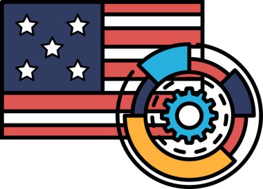 Ortasında teçhizat olan Amerikan bayrağının grafiği. Bayrak kırmızı, beyaz, mavi ve yıldızlı. Dişli sarı ve siyah. İlerleme ve yenilik kavramı