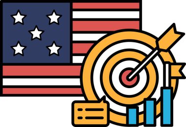 Hedefli bir Amerikan bayrağının grafiği ve sağı işaret eden kırmızı bir ok. Başarı ve hedefe ulaşma kavramı