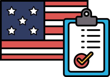 Üzerinde kırmızı işaret olan mavi bir klip tahtası kırmızı, beyaz ve mavi bir Amerikan bayrağının yanında duruyor.