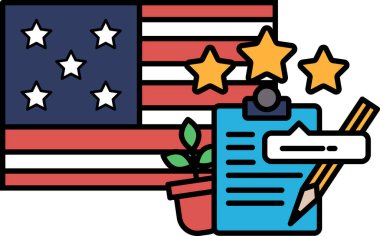 Kırmızı, beyaz ve mavi Amerikan bayrağı. Yıldızlı ve yeşil bitkili. Sahnede kurşun kalemli bir pano da var. Bayrak ve panonun birleşimi vatansever bir temayı işaret ediyor.