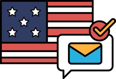 Üzerinde işaret olan kırmızı, beyaz ve mavi bir Amerikan bayrağı. Bayrak bir konuşma baloncuğuyla çevrili.