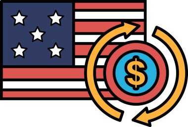 Kırmızı, beyaz ve mavi Amerikan bayrağında bir dolar işareti gösterilir. Dolar işareti, zıt yönleri gösteren oklarla çevrili. Para değişimi ya da transferi kavramı