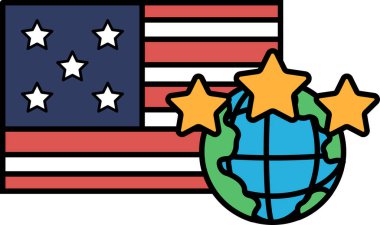 Yıldızlı ve küresi olan bir Amerikan bayrağı karikatürü. Dünya yıldızlarla çevrilidir ve yıldızlar dünyanın dört bir yanına dağılmıştır. Bayrak görüntünün ortasına konmuştur.