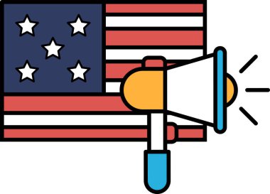 Önünde mikrofon olan büyük bir Amerikan bayrağı. Bayrak kırmızı, beyaz ve mavi, mikrofon ise büyük ve parlak.