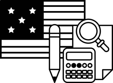 Bir kalem, hesap makinesi ve üzerinde yıldız olan bir kağıt parçasının üzerine bir kalem ve bir kalem çizimi.