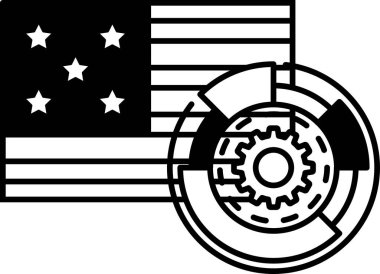 Üzerinde teçhizat olan siyah beyaz bir Amerikan bayrağı. Bayrak yıldızlarla çevrili ve teçhizat ortada. İlerleme ve yenilik kavramı