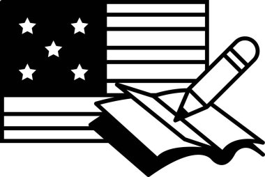 Arkasında Amerikan bayrağı olan bir kitabın üzerine yazılmış siyah beyaz bir kalem çizimi.