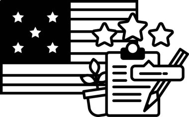 Yıldız dolu bir Amerikan bayrağının siyah beyaz resmi. Üzerinde bir pano ve bir kalem var.