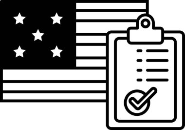 Altında pano olan siyah beyaz bir Amerikan bayrağı. Panoda bir kontrol işareti var.