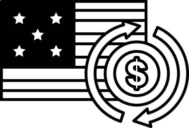Bir dolar işareti ve Amerikan bayrağının siyah beyaz görüntüsü. Dolar işareti bayrağın ortasında ve yıldızlarla çevrili. Para kavramı ve Amerika Birleşik Devletleri
