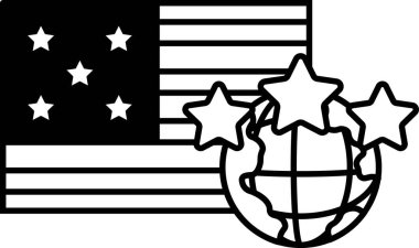 Amerikan bayrağının yıldızlı ve küresi olan siyah beyaz çizimi. Birlik ve küresel bağlantı kavramı