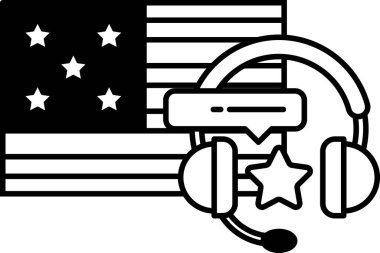 Arka planda Amerikan bayrağı olan siyah beyaz bir mikrofon görüntüsü. İletişim ve vatanseverlik kavramı