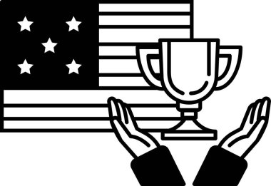 Amerikan bayrağının önünde iki elin kupayı tuttuğu siyah beyaz bir görüntü. Gurur ve başarı kavramı, kupa bir zafer ya da başarıyı temsil ediyor.