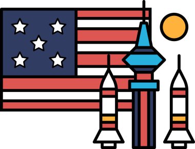 Yıldız ve çizgili bir bayrak, arka planda bir roket ve bir bina ile gösterilir. Bayrak kırmızı, beyaz ve mavi, ve roket beyaz ve mavi. Bina uzun ve mavi.