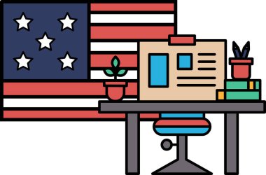 Bilgisayarı, saksısı ve kitabı olan bir masa. Masa büyük bir Amerikan bayrağının yanında.