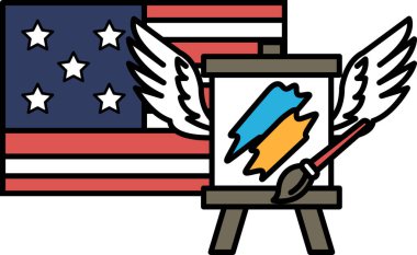 Kanatları ve fırçası olan bir Amerikan bayrağı resmi. Tablo vatansever bir sahne, Amerikan bayrağı ve kanatları özgürlüğü ve boya fırçası yaratıcılığı temsil ediyor.