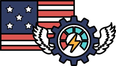 Üzerinde teçhizat ve yıldırım olan bir Amerikan bayrağının grafiği. Bayrak kırmızı, beyaz ve mavi, ve vites mavi ve beyaz. Güç ve enerji kavramı