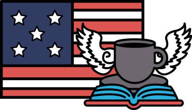 Üzerinde bir kupa ve kitap olan vatansever bir Birleşik Devletler resmi. Kupa ve kitap öğrenme ve bilgi fikrini temsil ederken, yıldızlar ve bayrak ülkenin gururunu temsil ediyor.