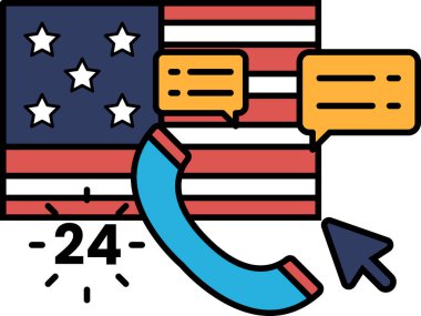 Kırmızı, beyaz ve mavi Amerikan bayrağında bir telefon var. Telefon numarası 7 / 24.