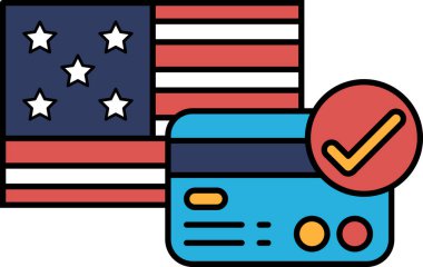 Üzerinde kırmızı işaret olan bir kredi kartı Amerikan bayrağının yanında gösteriliyor. Vatanseverlik ve mali sorumluluk kavramı