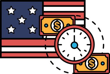 Üzerinde saat olan kırmızı, beyaz ve mavi bir Amerikan bayrağı. Saat 10: 00 'u gösteriyor. Bayrağın üzerinde birkaç dolar daha var.