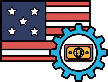 Ortasında bir dolar banknot olan Amerikan bayrağının grafiği. Dolar banknotu mavi ve beyaz olan bir vitesle çevrilidir. Amerikan ekonomisi kavramı ve içinde paranın önemi