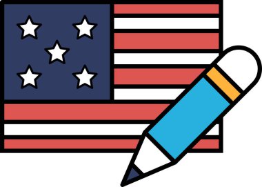 Amerikan bayrağına bir kurşun kalem çizilir. Kalem mavi ve sarıdır. Bayrak kırmızı, beyaz ve mavi.