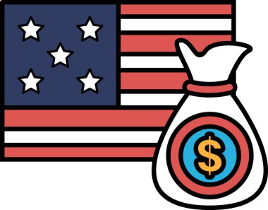 Bir dolarlık banknot kırmızı, beyaz ve mavi bir Amerikan bayrağının üzerine yerleştirilir. Dolar banknotu bir çantanın içinde, bayrağın altında duruyor. Zenginlik ve refah kavramı