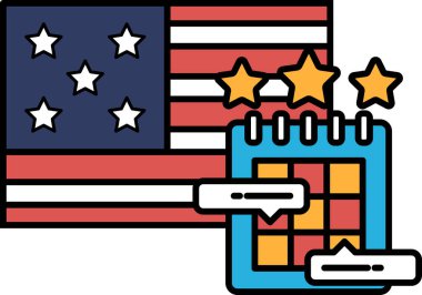 Kırmızı, beyaz ve mavi Amerikan bayrağının altında yıldızlar ve bir takvim var. Takvimde bir yıldız var ve 