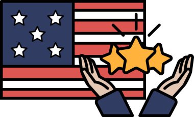 Üzerinde üç yıldız olan bir Amerikan bayrağını tutan iki el karikatürü. Yıldızlar sarı, bayrak kırmızı, beyaz ve mavi. Çizgi filmin amacı vatanseverlik duygusunu aktarmaktır.