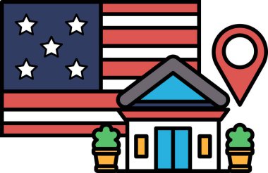 Kırmızı, beyaz ve mavi bir Amerikan bayrağının yanında bir ev gösterilir. Ev bir bina ve saksı bitkisinin yanında yer alıyor.
