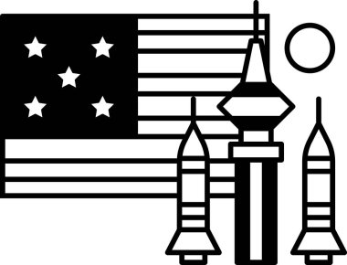 Üzerinde yıldız ve roket olan siyah beyaz bir bayrak. Roket bayrağın ortasında ve yıldızlar sol ve sağ taraftadır. Vatanseverlik ve uzay keşfi kavramı