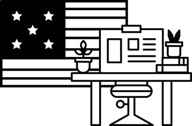 Bilgisayarı ve bayrağın yanında bitkisi olan bir masa. Masa çalışmak ya da çalışmak için hazırlandı.