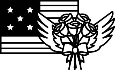 Yıldızlı ve gül buketli siyah beyaz bir bayrak. Bayrak arka planda ve güller ön planda. Vatanseverlik ve sevgi kavramı